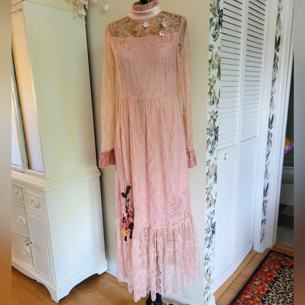 Pink Mary Cottagecore maxy lace dress with floral appliques Velvet accents Y2K - Picture 1 of 13